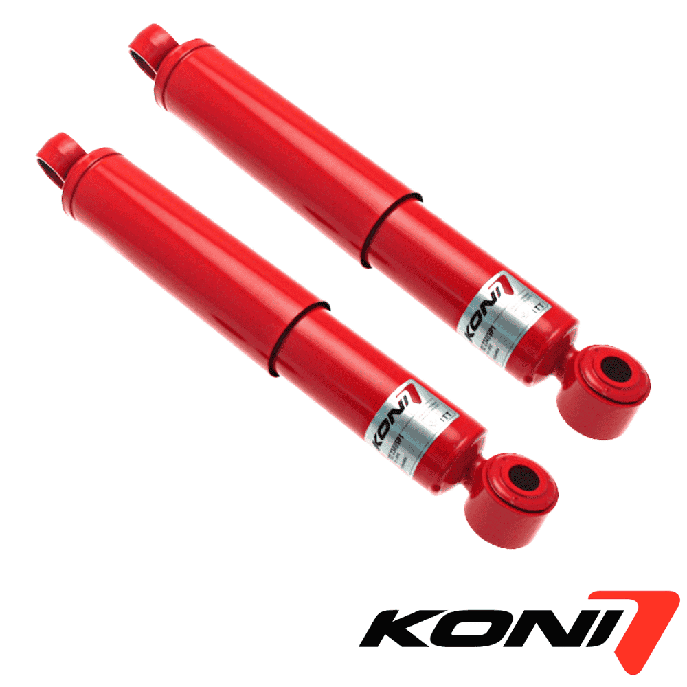 Red KONI shock absorbers for vehicle suspension systems.