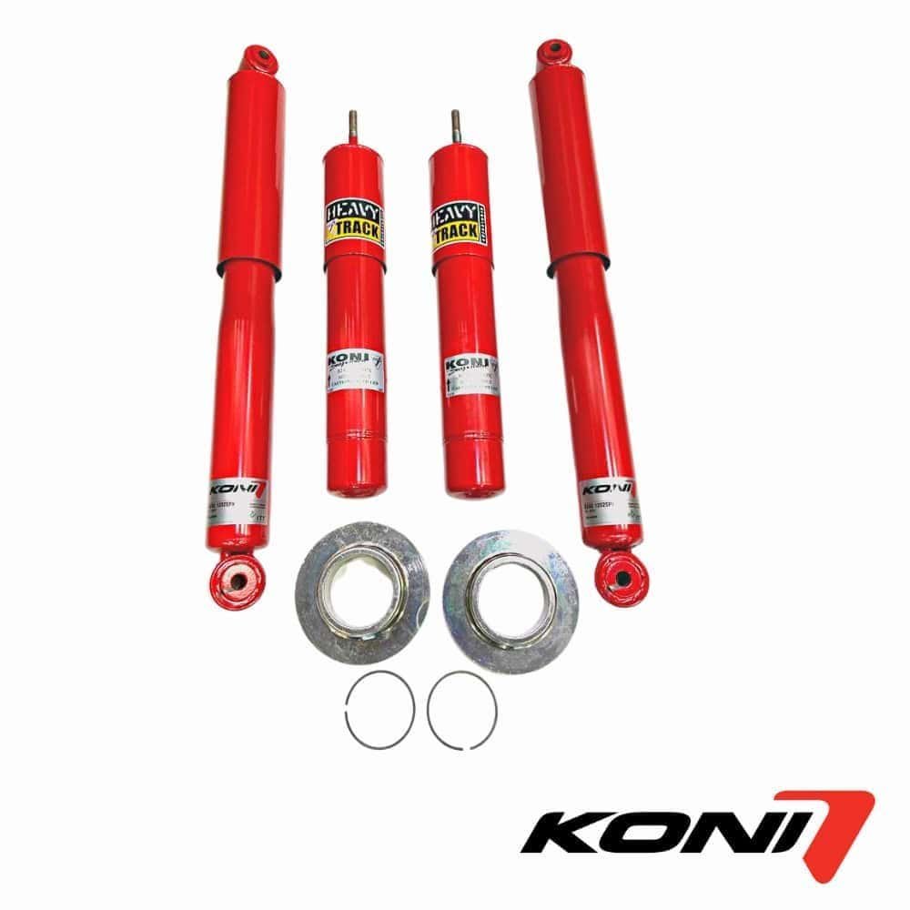 Heavy-duty shock absorbers and mounting hardware for vehicle suspension systems.