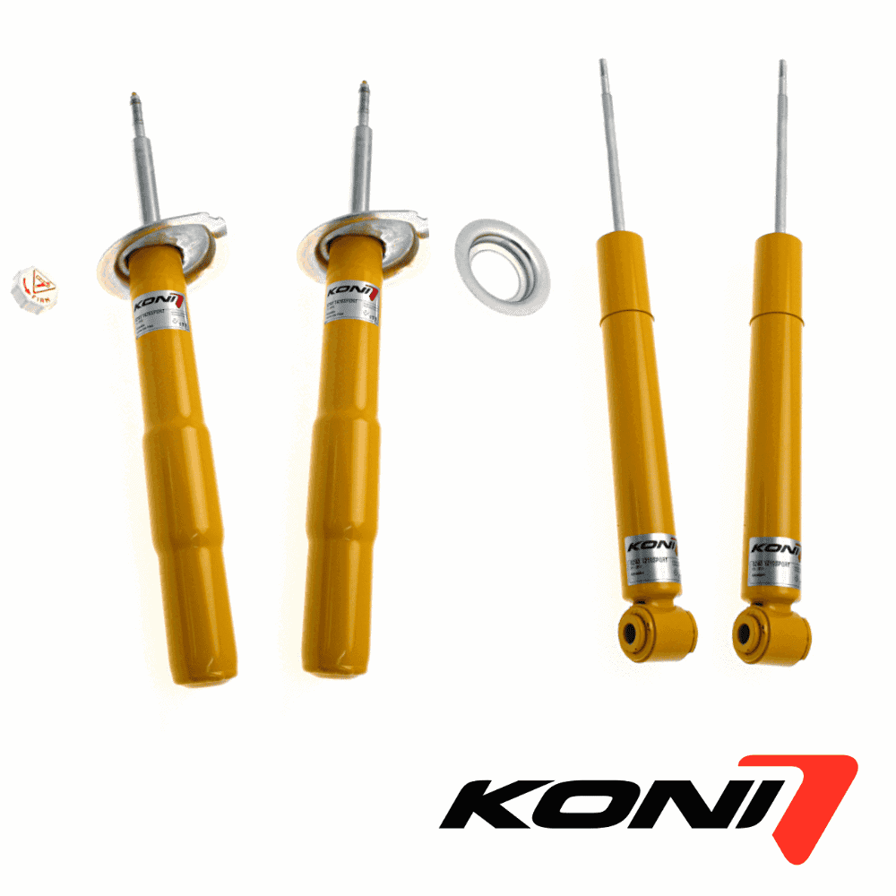 Koni shock absorbers for vehicle suspension systems, yellow color, automotive parts.