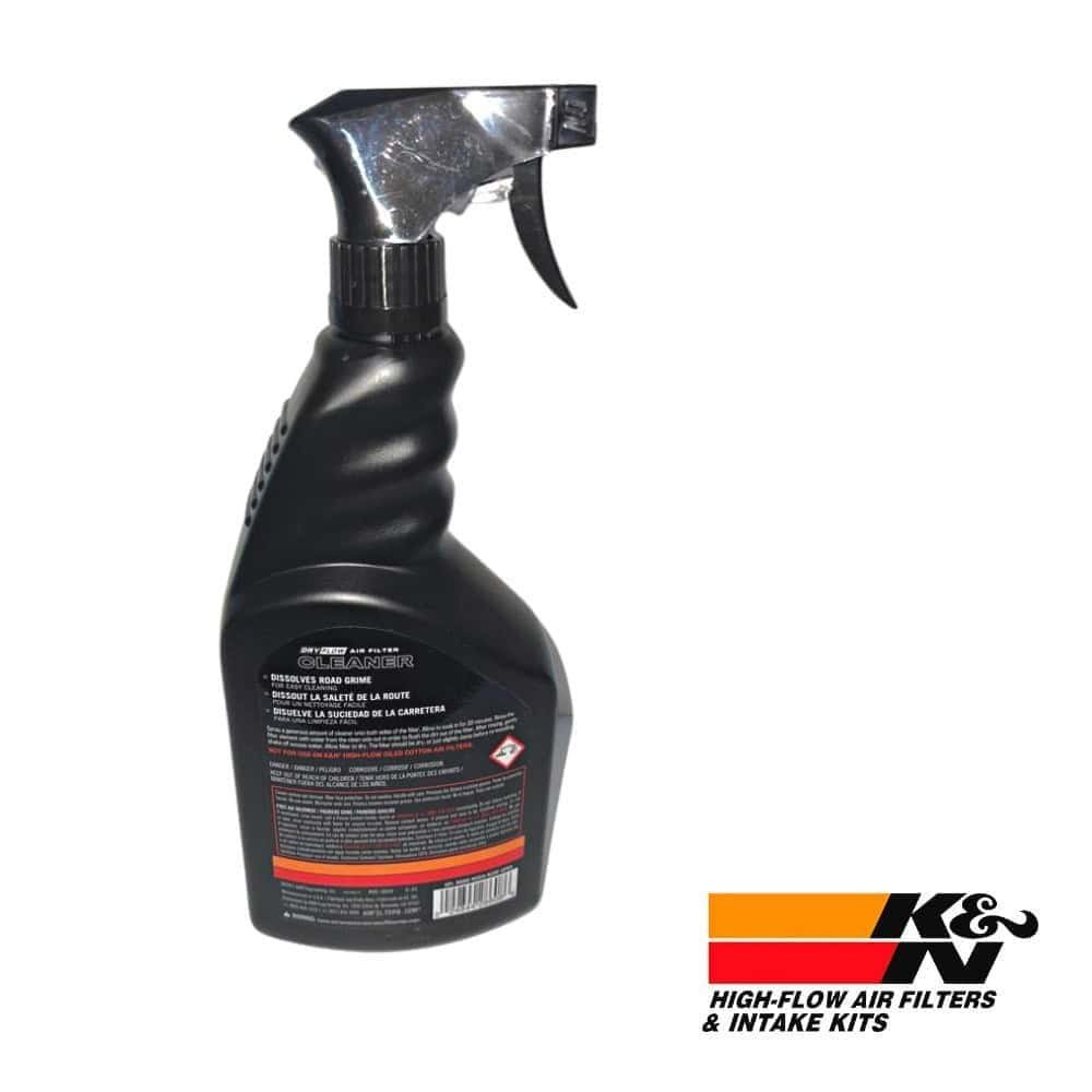 High-flow air filter spray bottle for vehicle maintenance and cleaning.