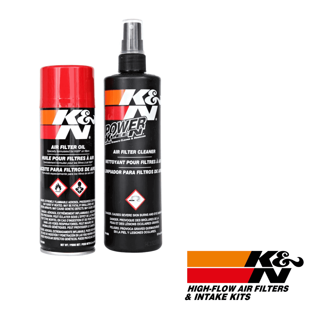 High-flow air filters and intake kits by K&N for vehicle performance enhancement.