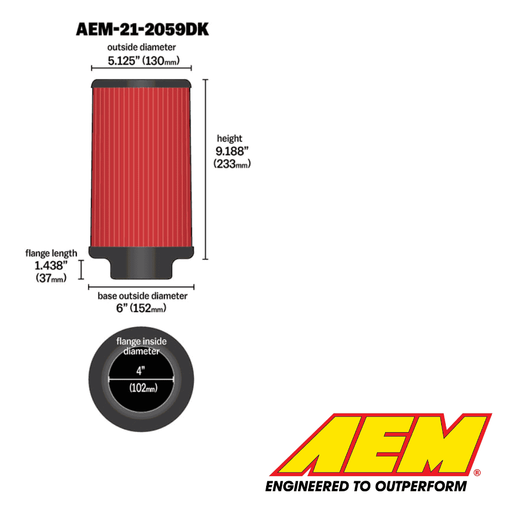 AEM air filter with detailed dimensions for automotive performance.