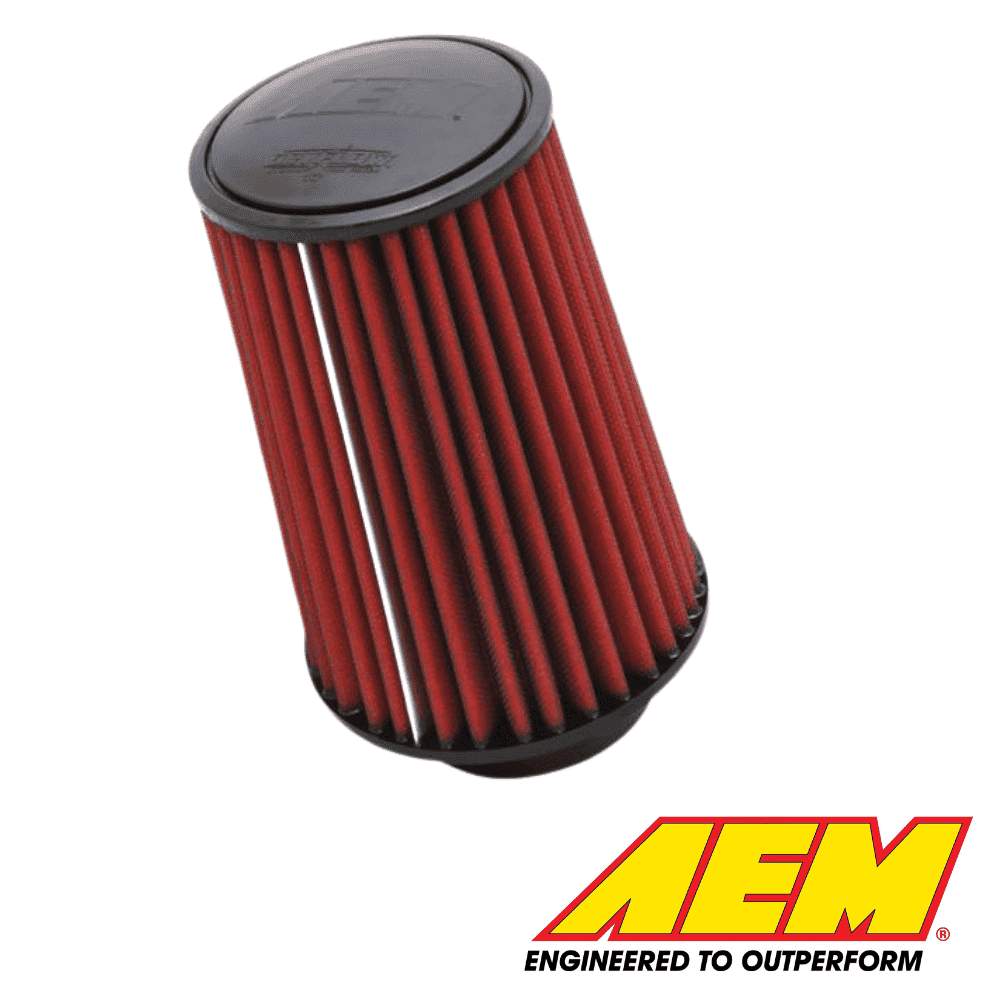 Air filter for automotive engine, red pleated design, branded with AEM logo.