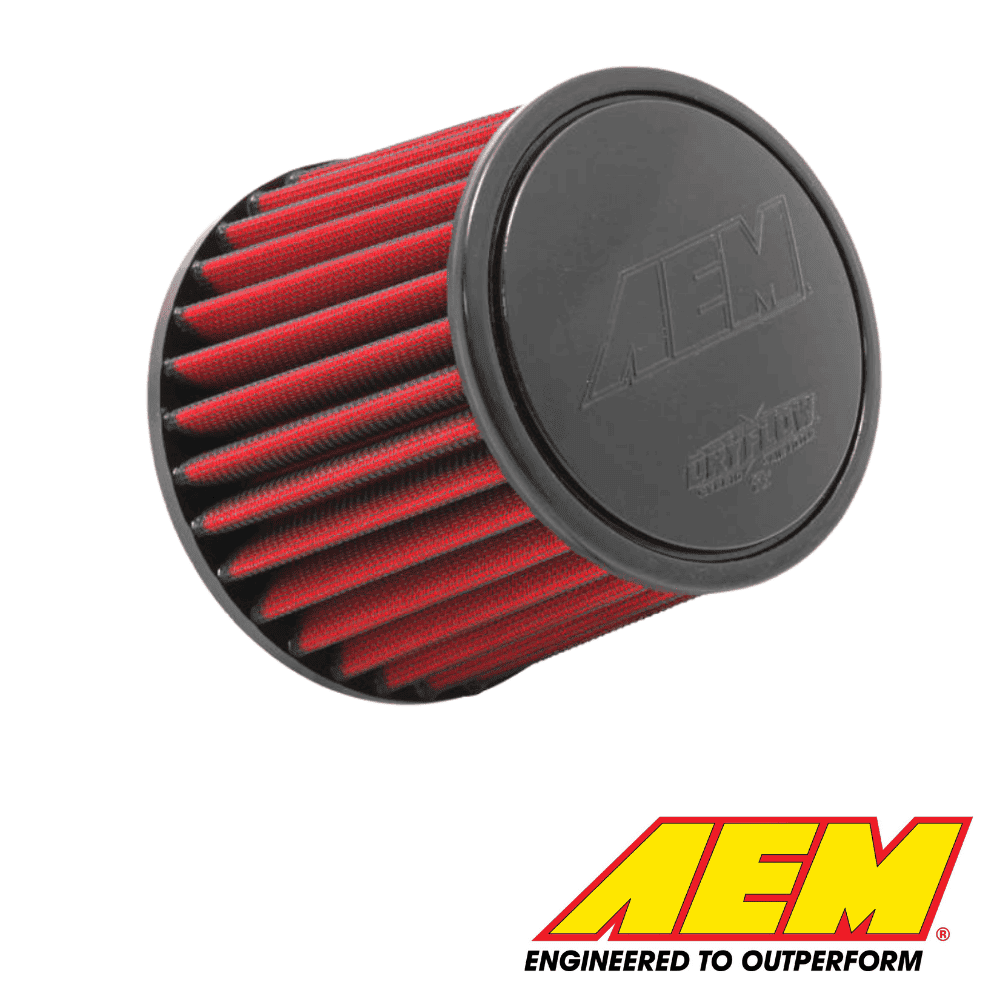 AET air filter for automotive engines, red pleated filter element, high-performance car part.