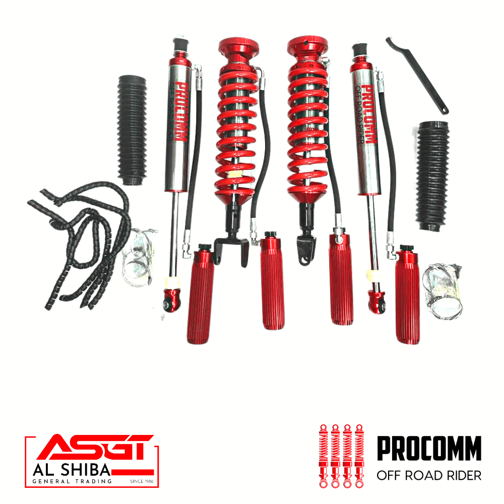 Adjustable red off-road shock absorbers for vehicle suspension systems.
