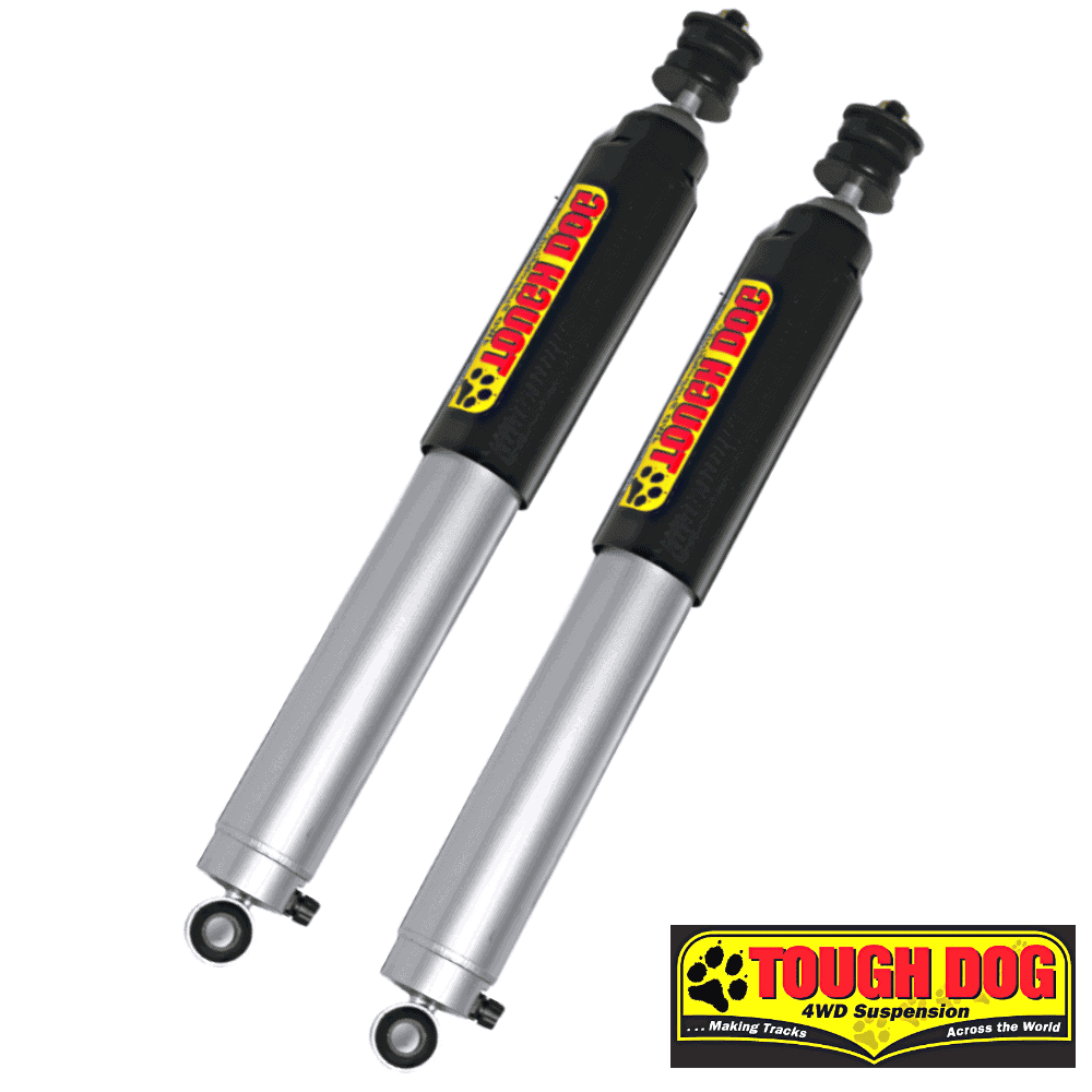 Heavy-duty 4WD suspension shocks for off-road vehicles by Tough Dog.