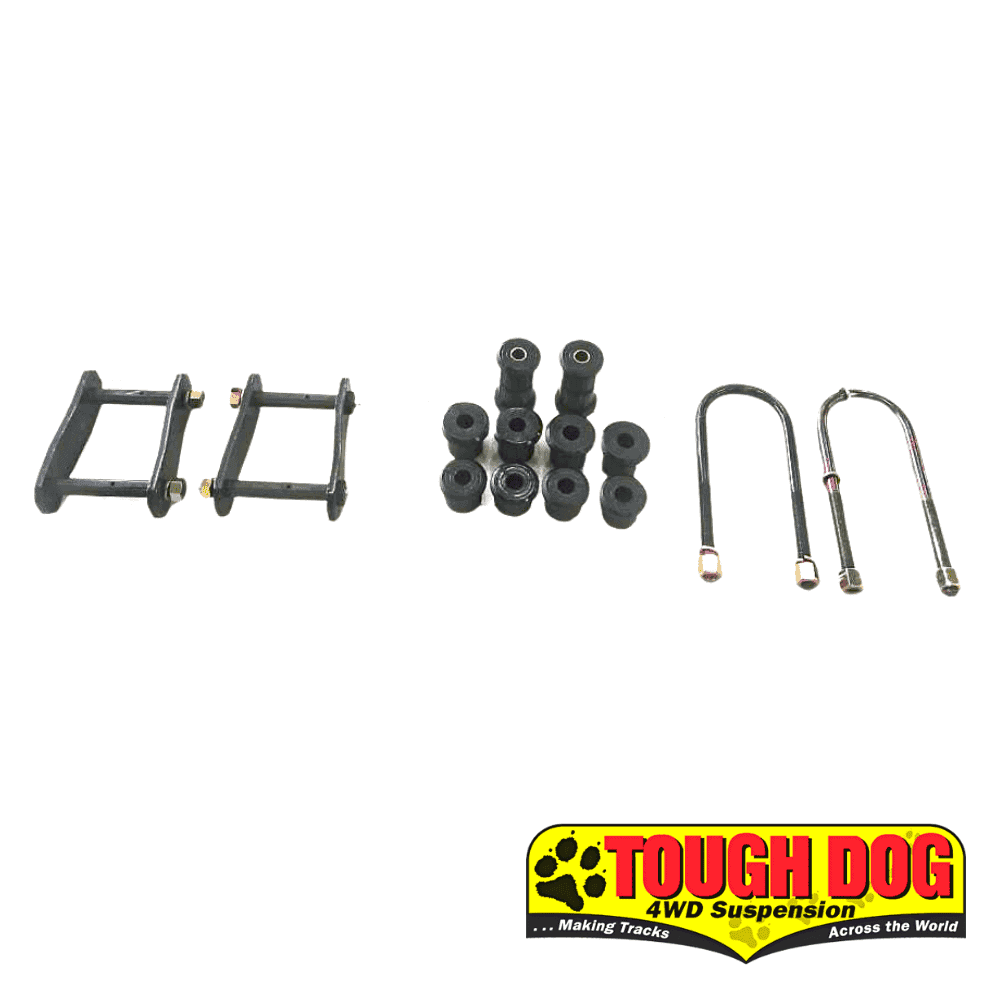 Suspension parts and rubber bushings for 4WD vehicles, displayed with Tough Dog branding.