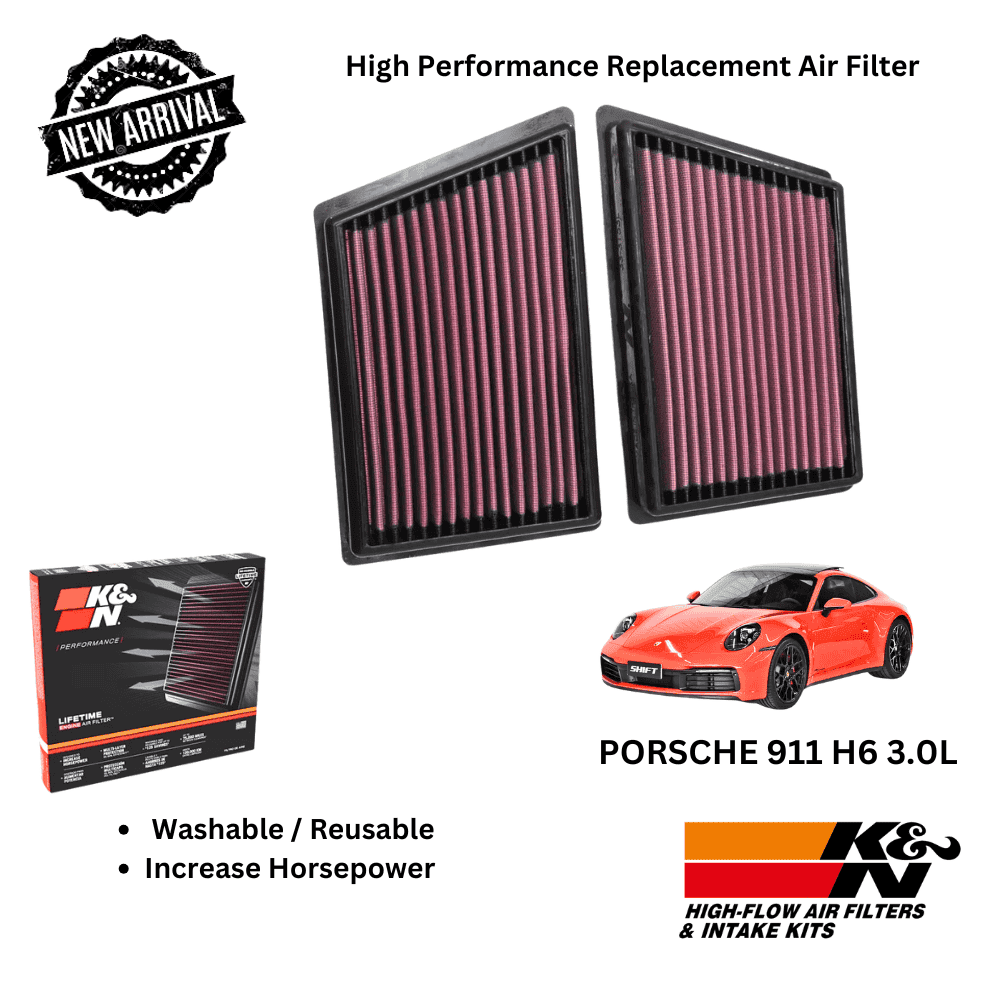 High performance replacement air filters for Porsche 911 H6 3.0L by K&N, washable and reusable.