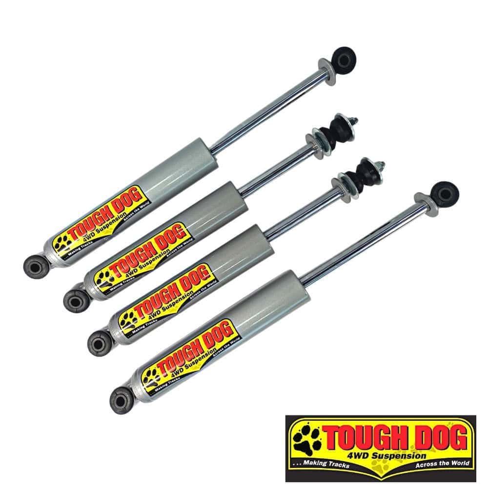 Tough Dog 4WD suspension shocks for off-road vehicles, durable and high-performance.
