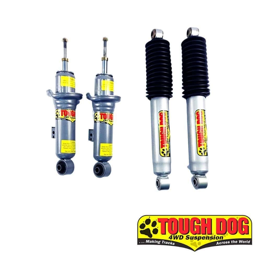Heavy-duty Tough Dog 4WD suspension shocks for off-road vehicles.