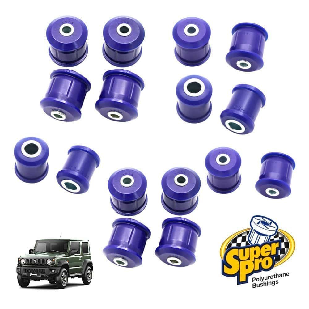 Blue polyurethane suspension bushings for automotive use, SuperPro brand, with a vehicle image and l.