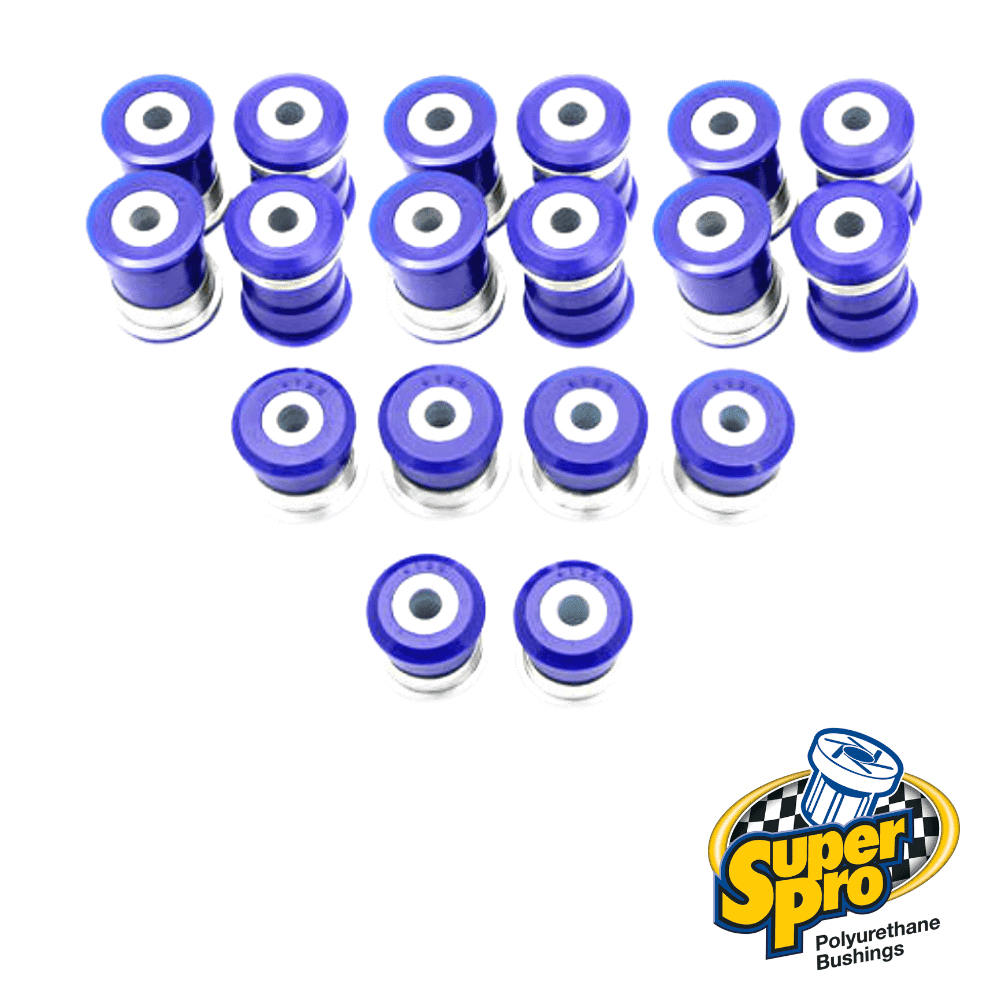 Blue polyurethane bushings arranged in a triangular pattern for automotive suspension systems.