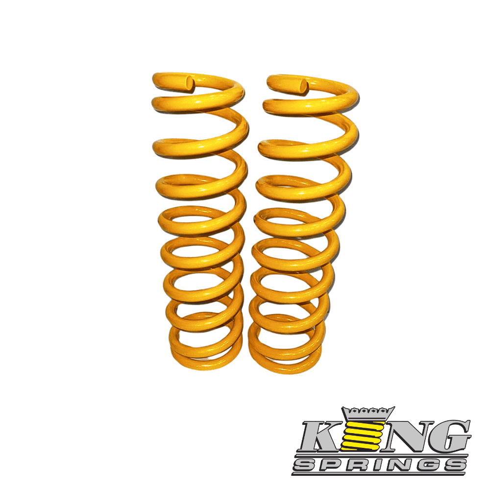 Yellow coil springs for automotive suspension, high-quality King Springs brand.