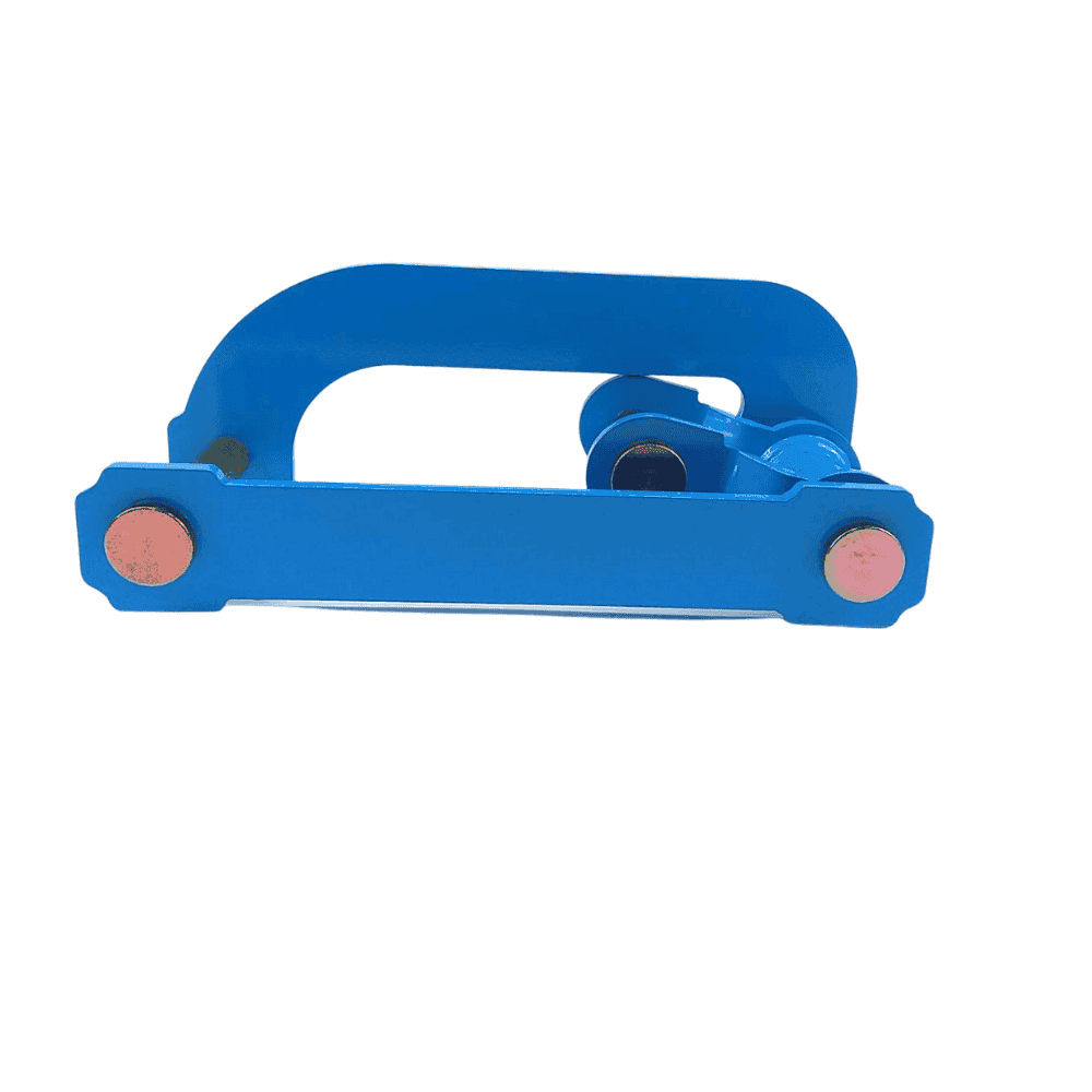 Heavy-duty blue pipe clamp for industrial plumbing and construction work.