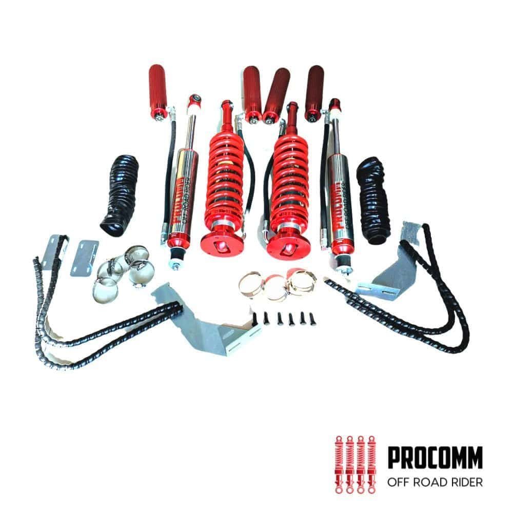 Red shock absorbers and off-road motorcycle accessories for enhanced performance and durability.