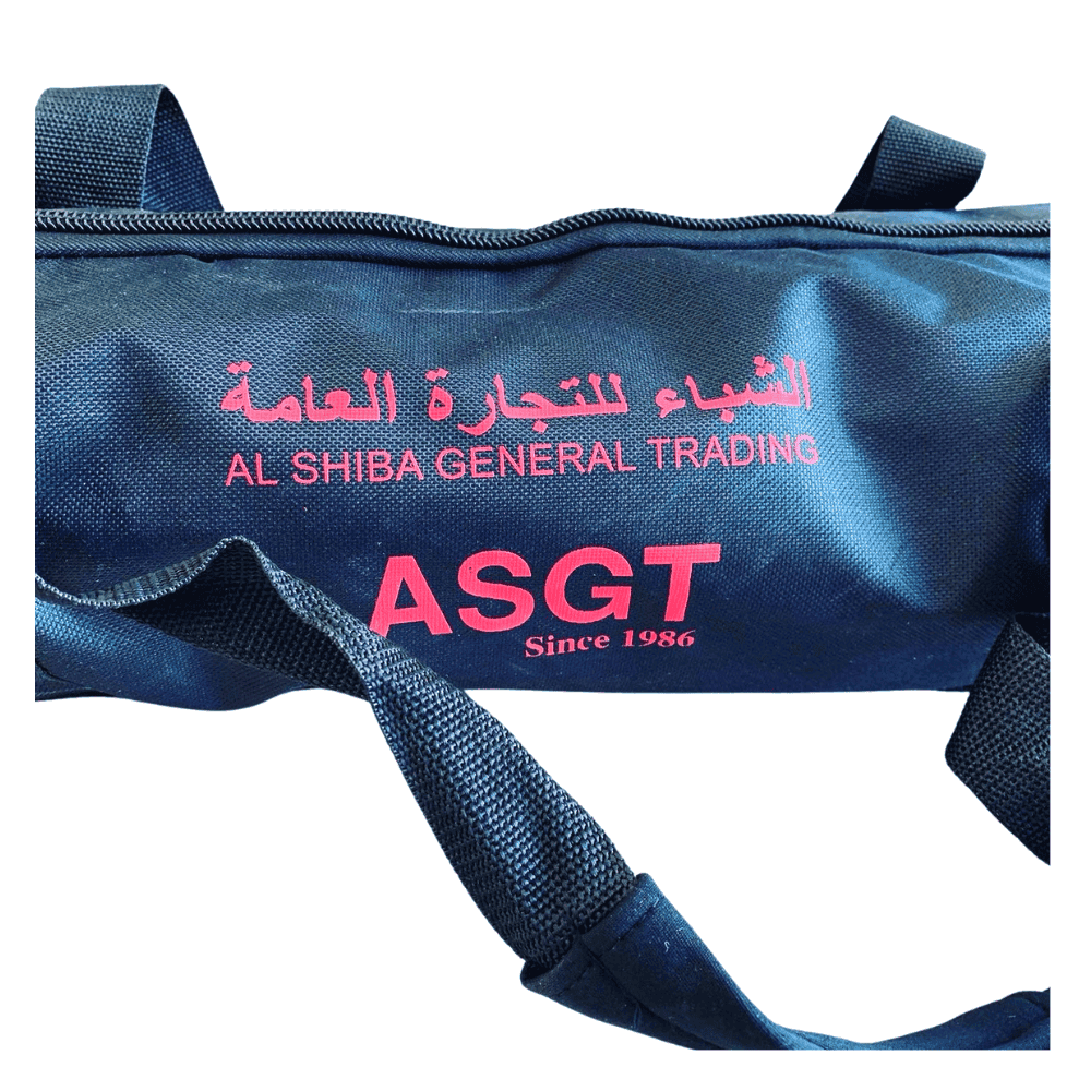 AL Shiba General Trading branded bag, company logo, and text in pink.