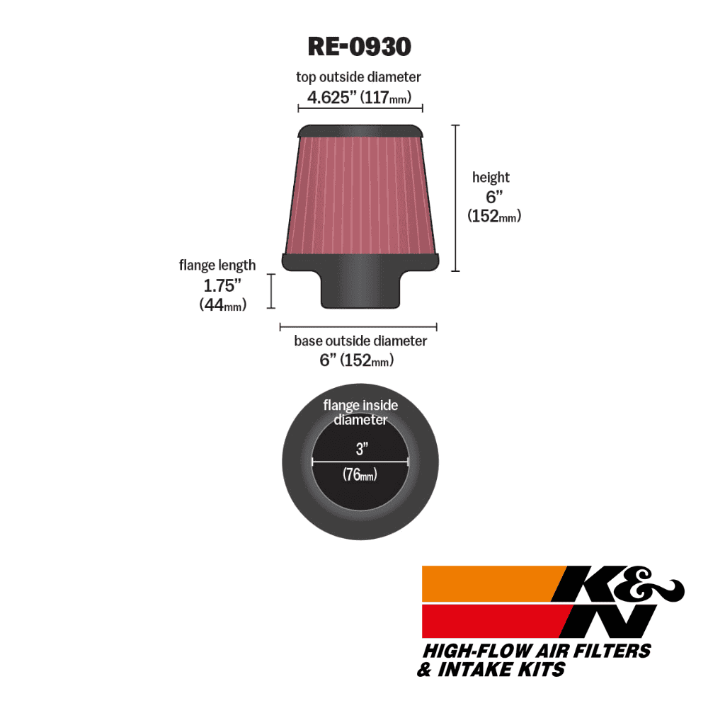 High-flow air filter for automotive engines with detailed dimensions and branding by K&N.