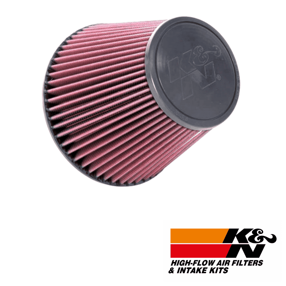High-flow air filter for vehicle engine, K&N performance intake kit, automotive filtration part.