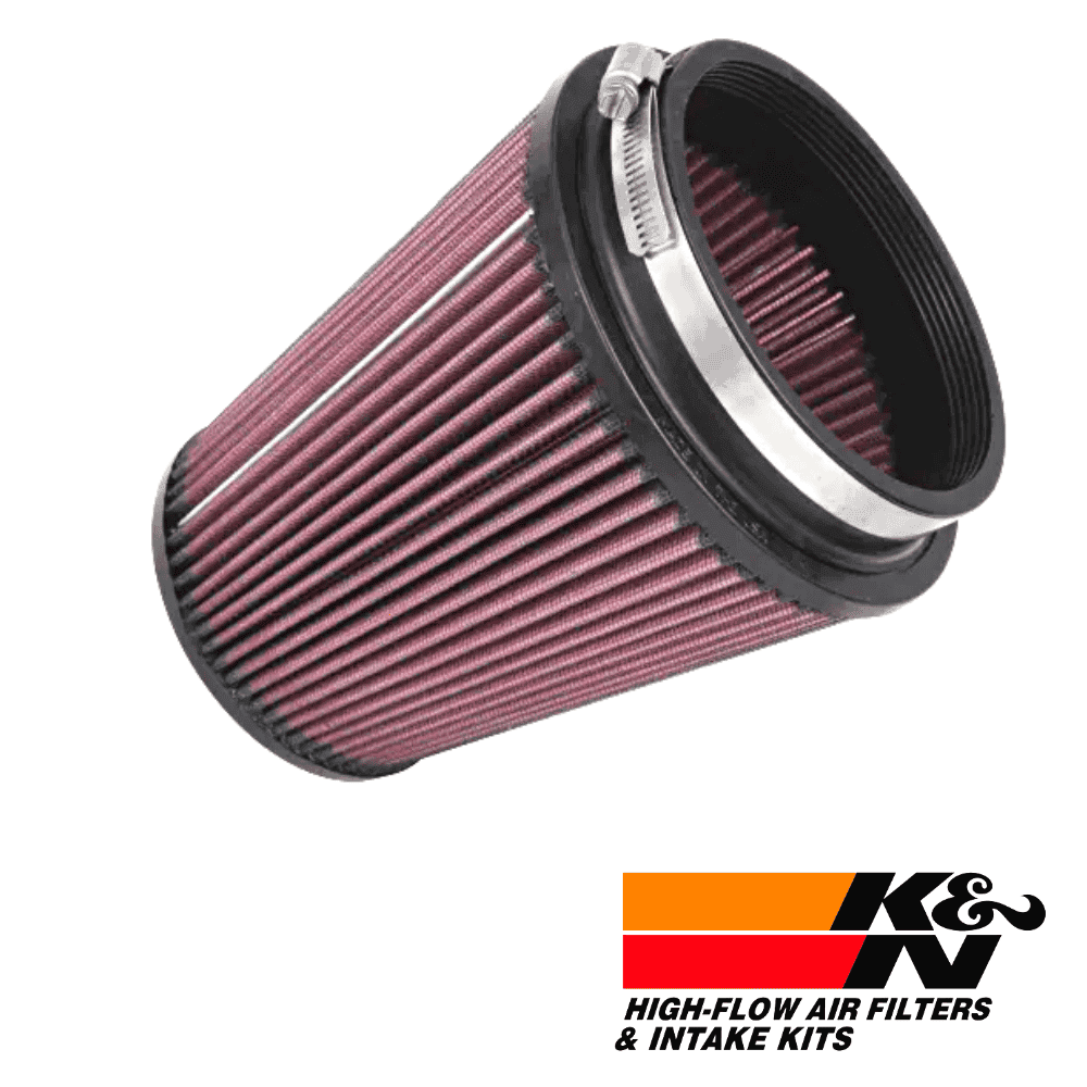 High-flow air filter for vehicle engine, K&N branded, with red pleated filter media and metal clamp.