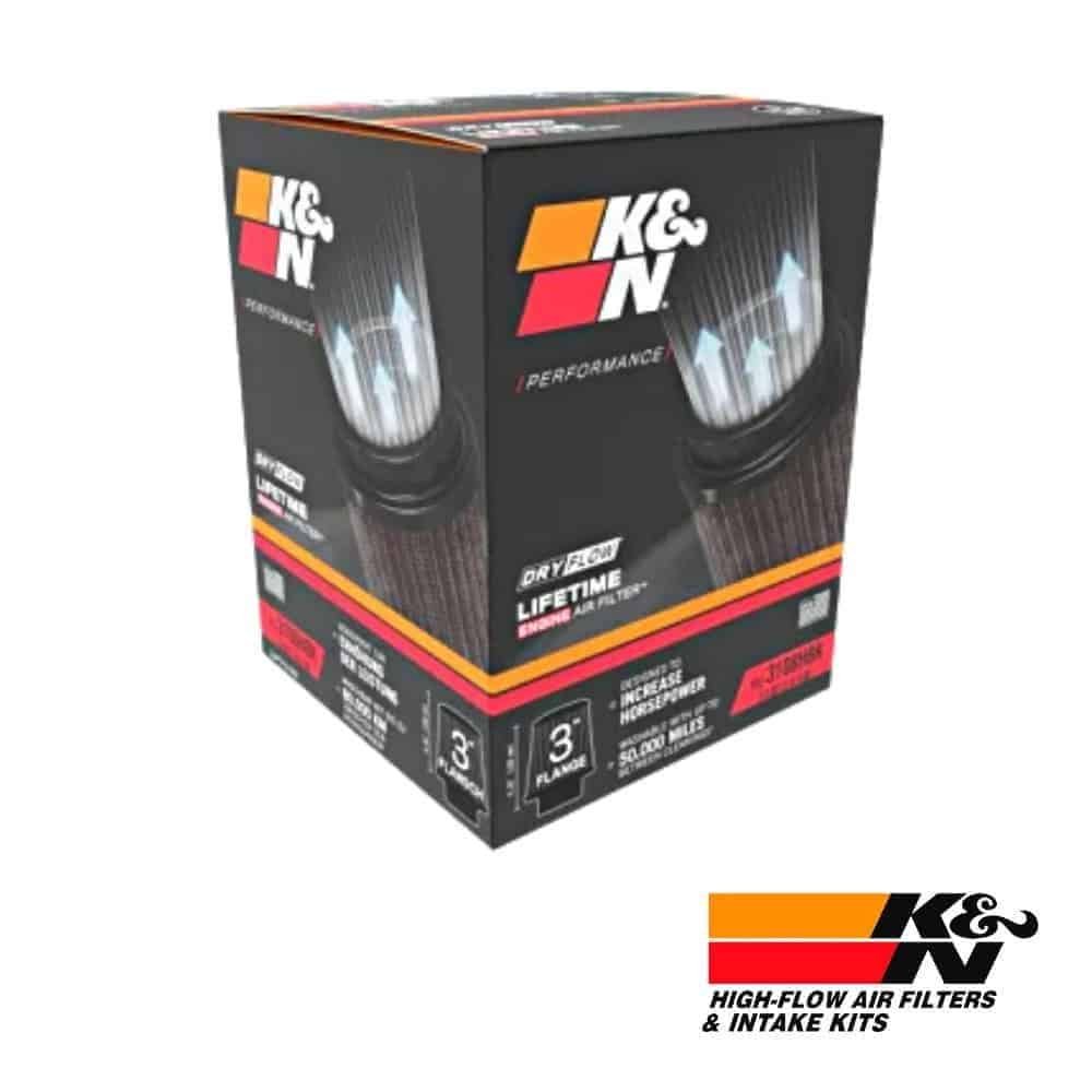 K&N high-flow air filters and intake kits box, automotive performance product.