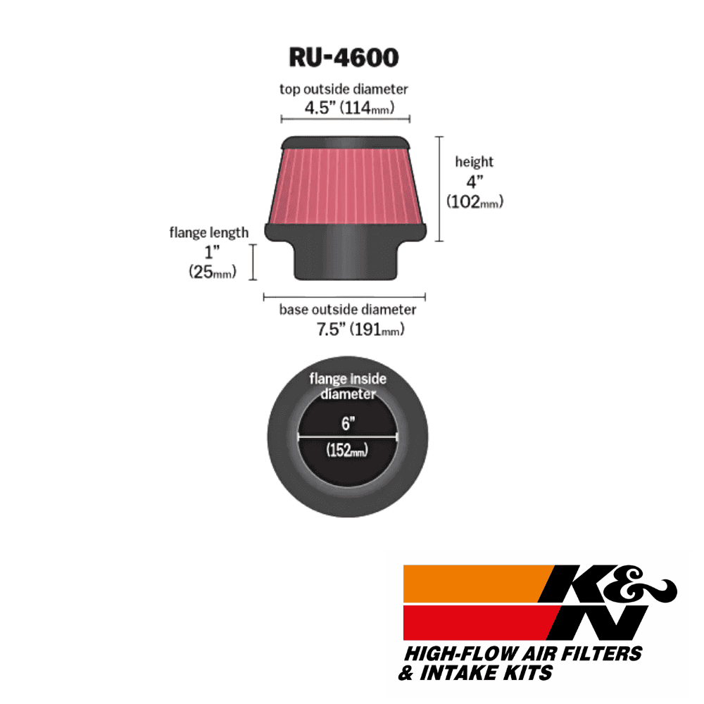 High-flow air filter for automotive engines with detailed dimensions and branding from K&N.