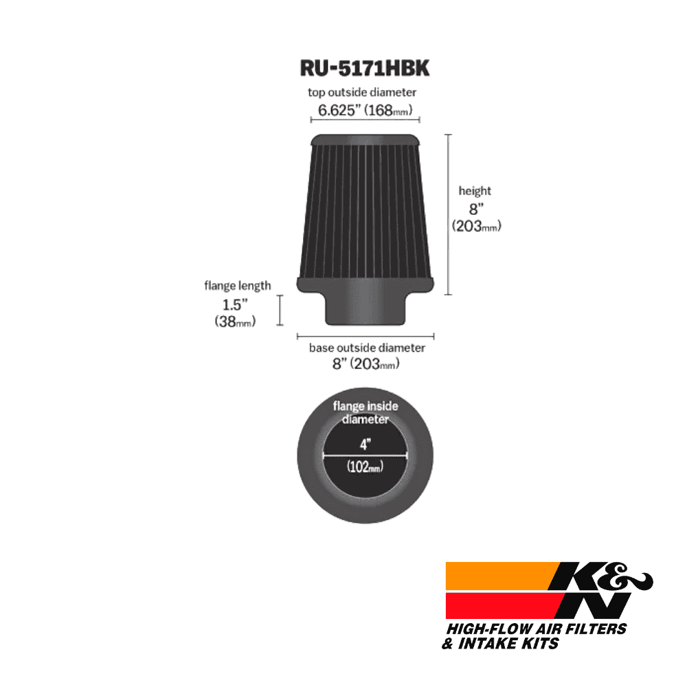 RU-5171HBK high-flow air filter with detailed dimensions and K&N logo.