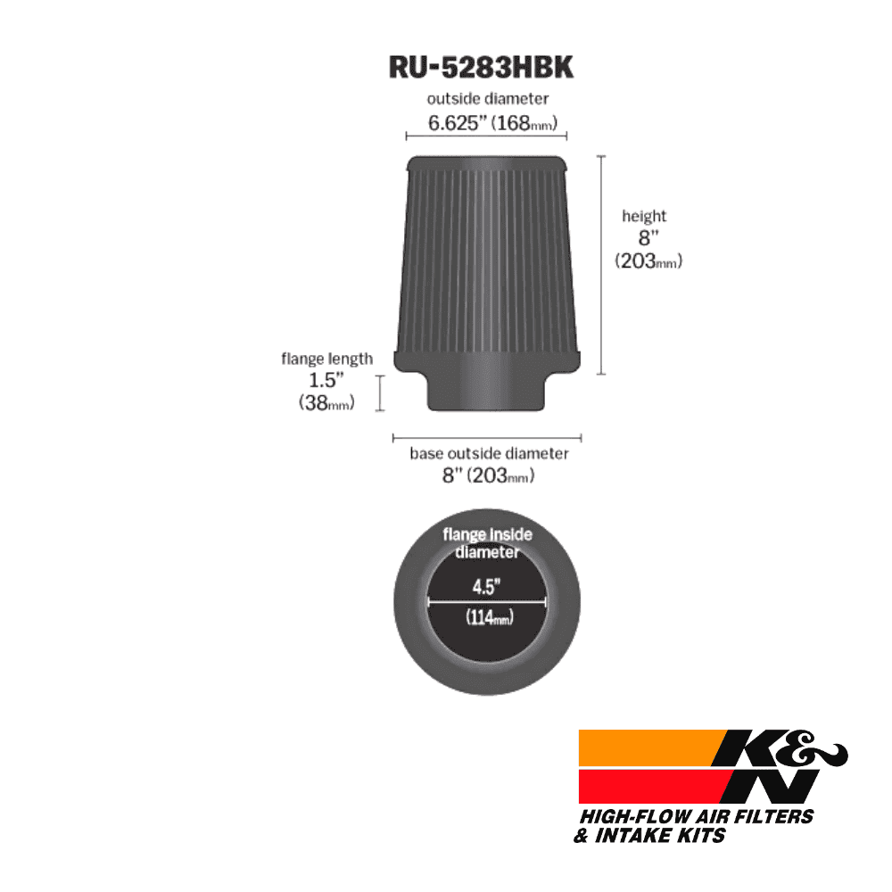 High-flow air filter element with 8-inch height and 8-inch base diameter for automotive filtration s.