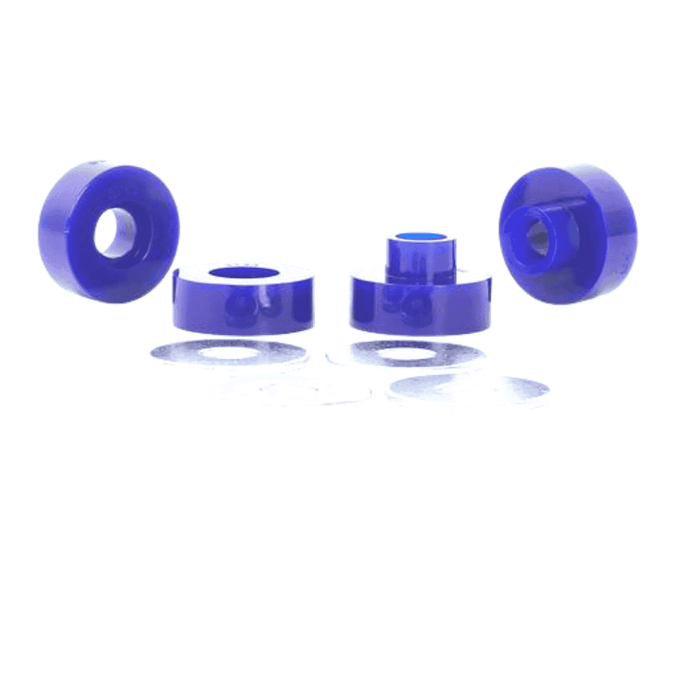 Blue rubber grommets and spacers for industrial applications and machinery parts.