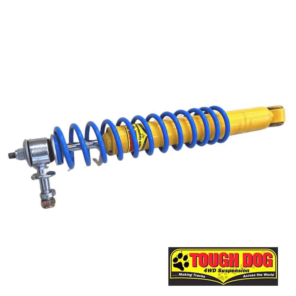 Shock absorber for off-road vehicles with yellow coil spring and metal mounting components.