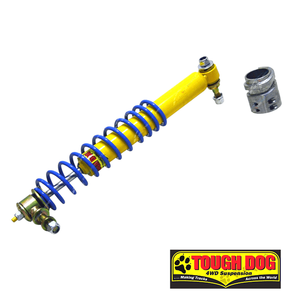 Heavy-duty yellow and blue 4WD suspension shock absorber with mounting hardware.