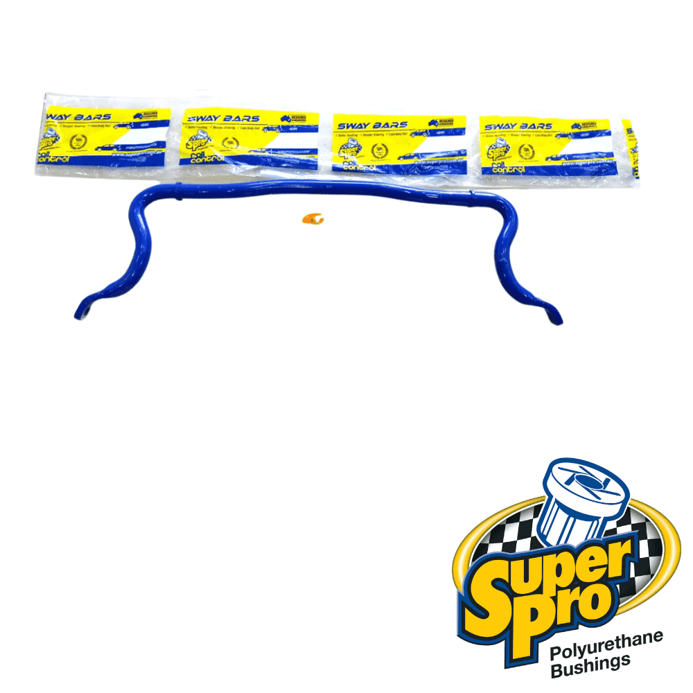 Polyurethane bushings and blue sway bar for automotive suspension systems, displayed with packaging.