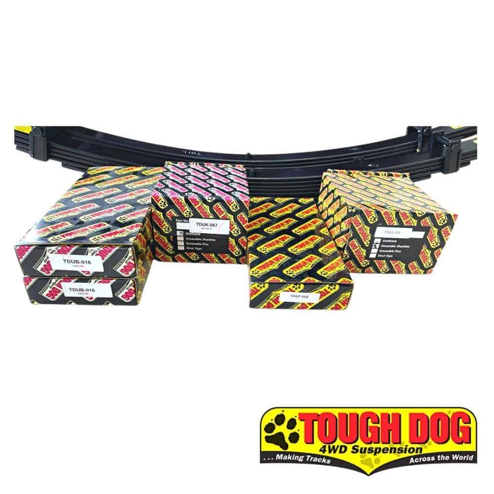 Tough Dog 4WD suspension parts with colorful packaging for off-road vehicle upgrades.