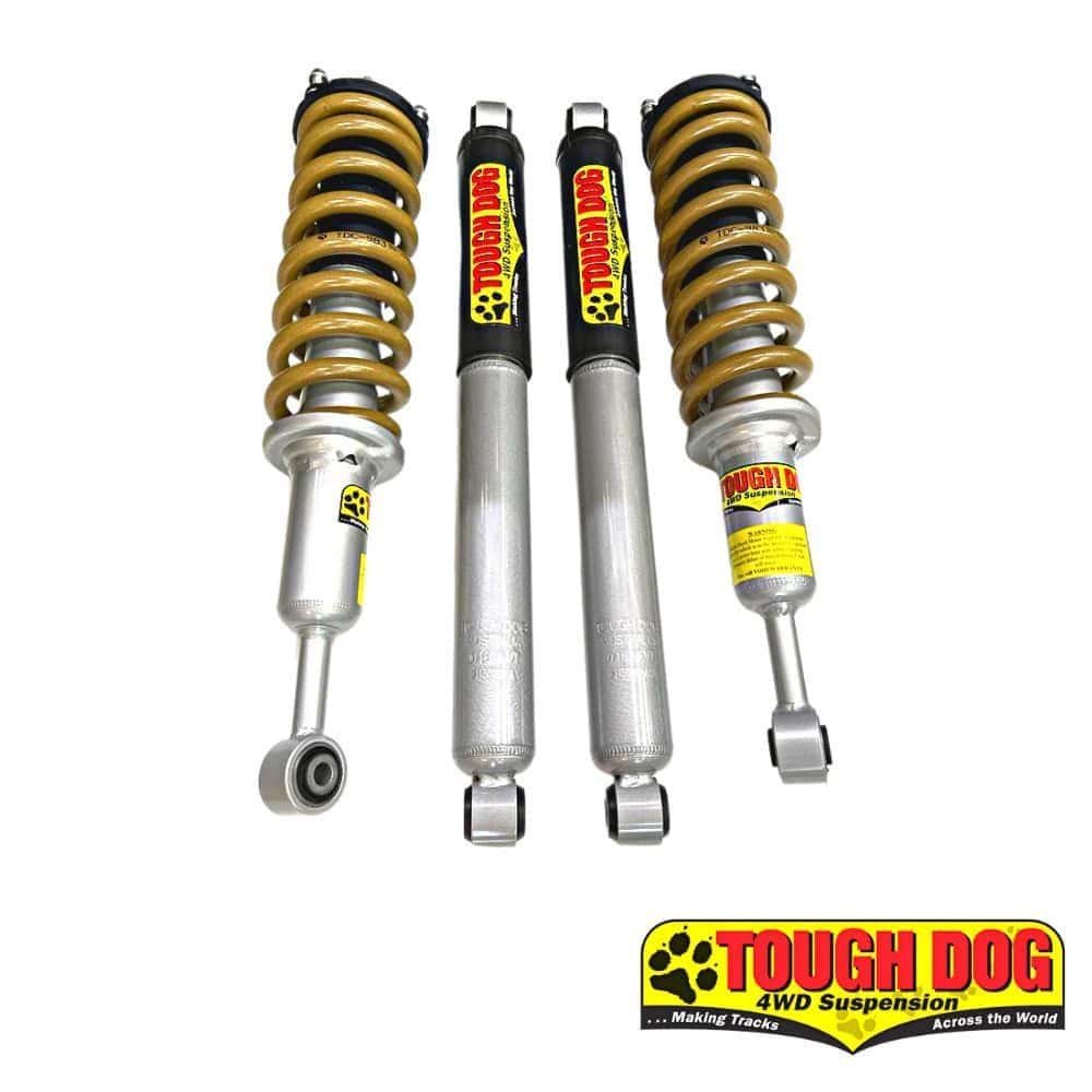High-performance Tough Dog 4WD suspension shocks for off-road vehicles and rugged terrain.