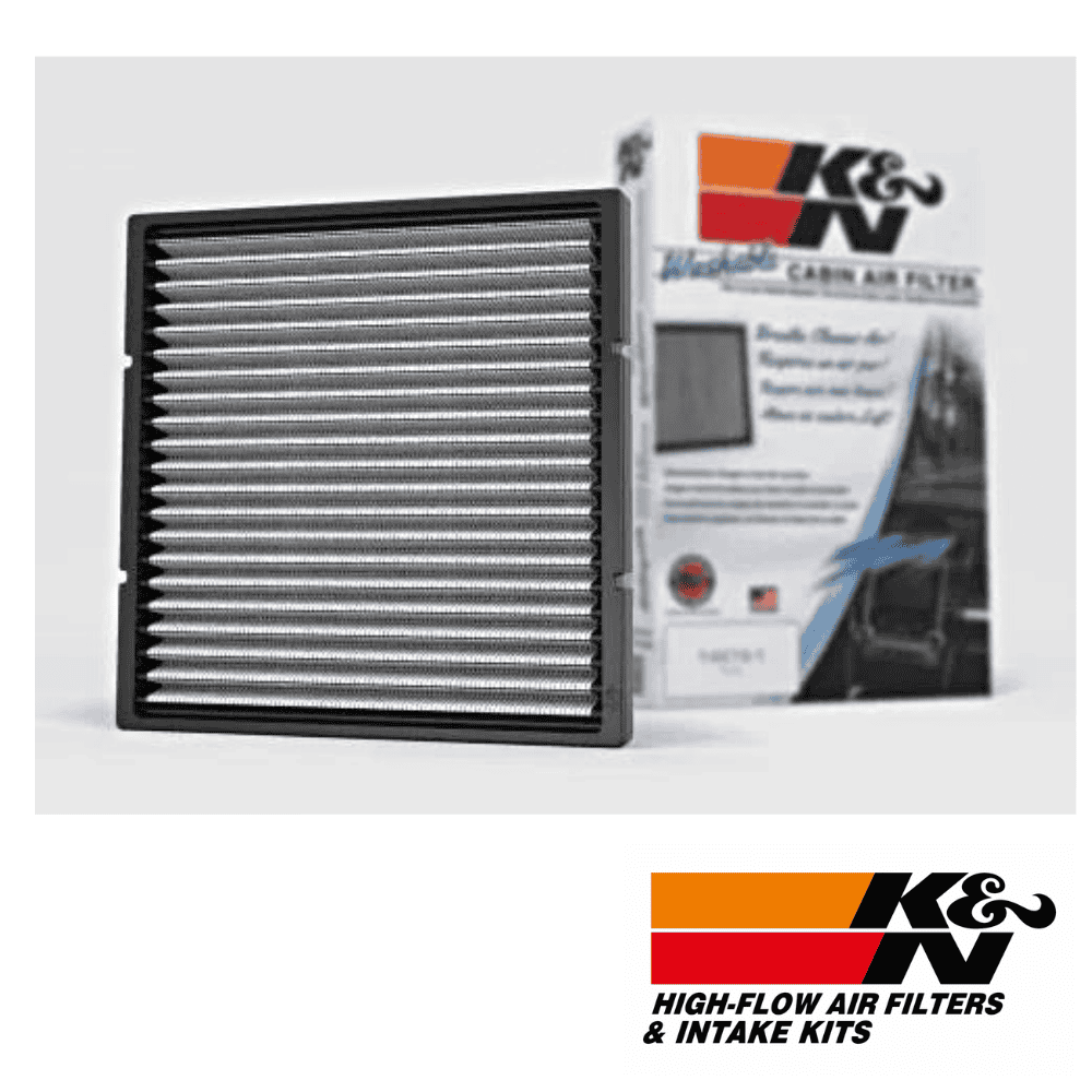 High-flow air filter for vehicle engine, K&N intake kit, automotive air filter replacement, durable.