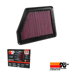 High-flow air filter for K&N intake systems, washable and durable.