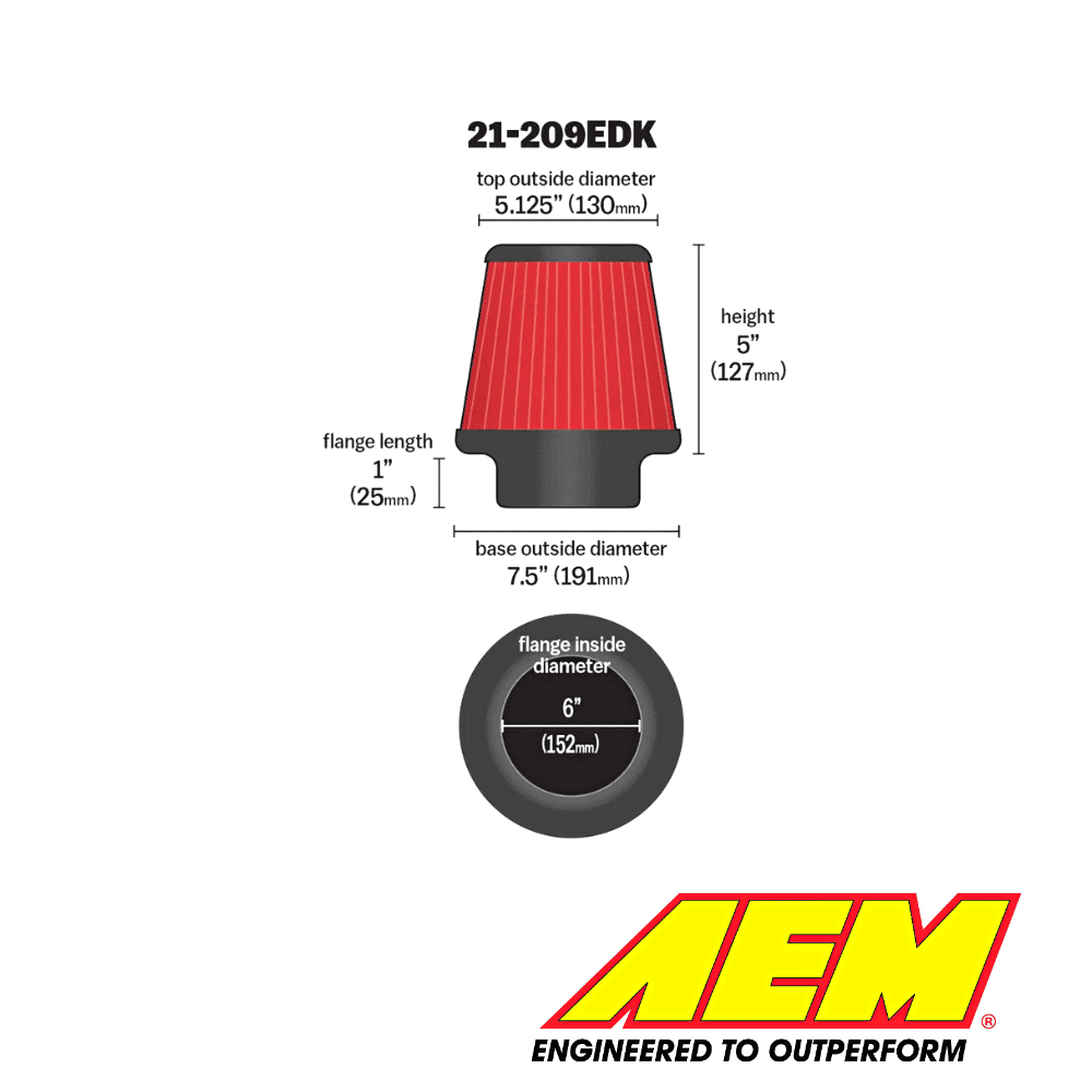 A high-quality automotive air filter with detailed dimensions and AEM branding.