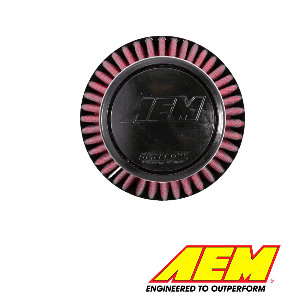 AEM air filter for high-performance automotive engines, round black and pink design.