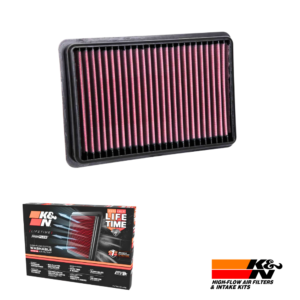 K&N high-flow air filter with pink pleats, shown beside its LifeTime box and K&N logo.
