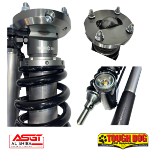 Collage of a heavy-duty off-road suspension component set: coil spring around a shock absorber and top-mMounts, with Tough Dog branding and off-road logos visible below.