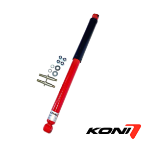 Red KONI shock absorber with black top, shown alongside mounting bolts and washers; diagonal across white background.