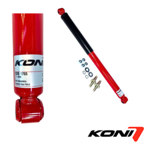 Red KONI shock absorber with mounting hardware (bolts, washers, nuts) and KONI logo in bottom-right corner.