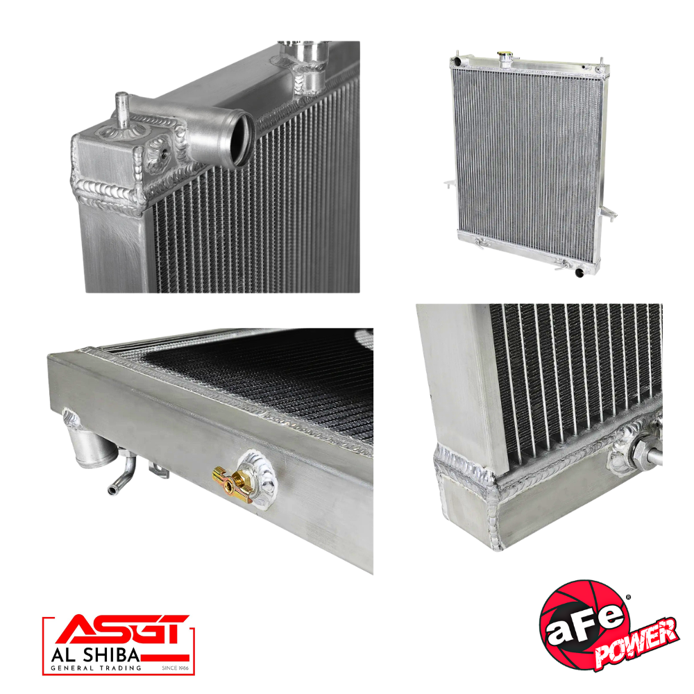 Collage of four aluminum automotive radiators shown from different angles, with Al Shiba and aFe Power logos at the corners