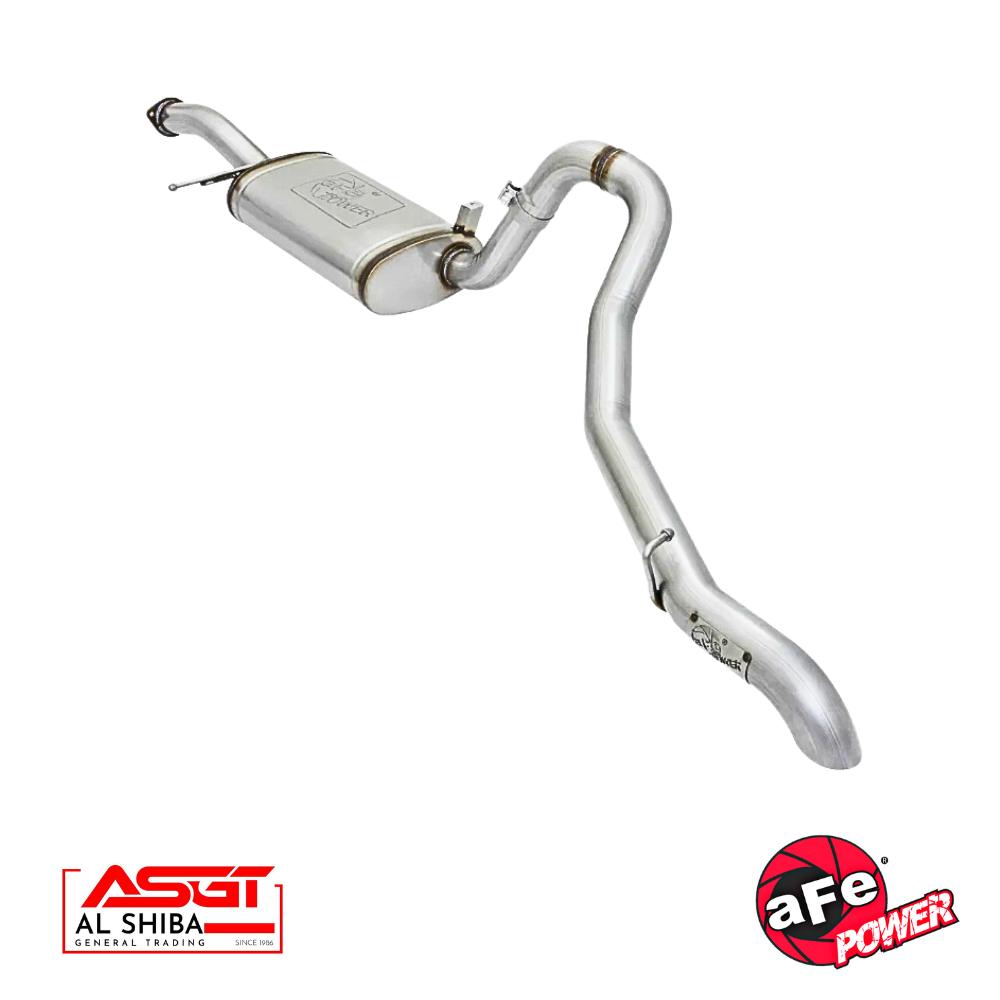 Aftermarket stainless steel car exhaust with a muffler and curved pipe, branded with Al Shiba and afe Power logos in the corners.