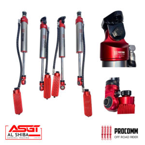 Collection of red and silver ProComm off-road shock absorbers with hoses, shown from multiple angles on a white background.