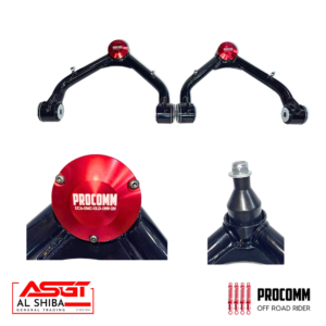Pair of black control arms with red Procomm caps, shown with close-up cap and mounting detailing on white background; brand logos appear at bottom corners.