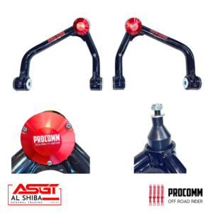 Set of black upper control arms with red Procomm end caps, plus close-ups of the red cap and adjustable ball joint; company logos for ASGT Al Shiba and Procomm Off Road Rider appear.