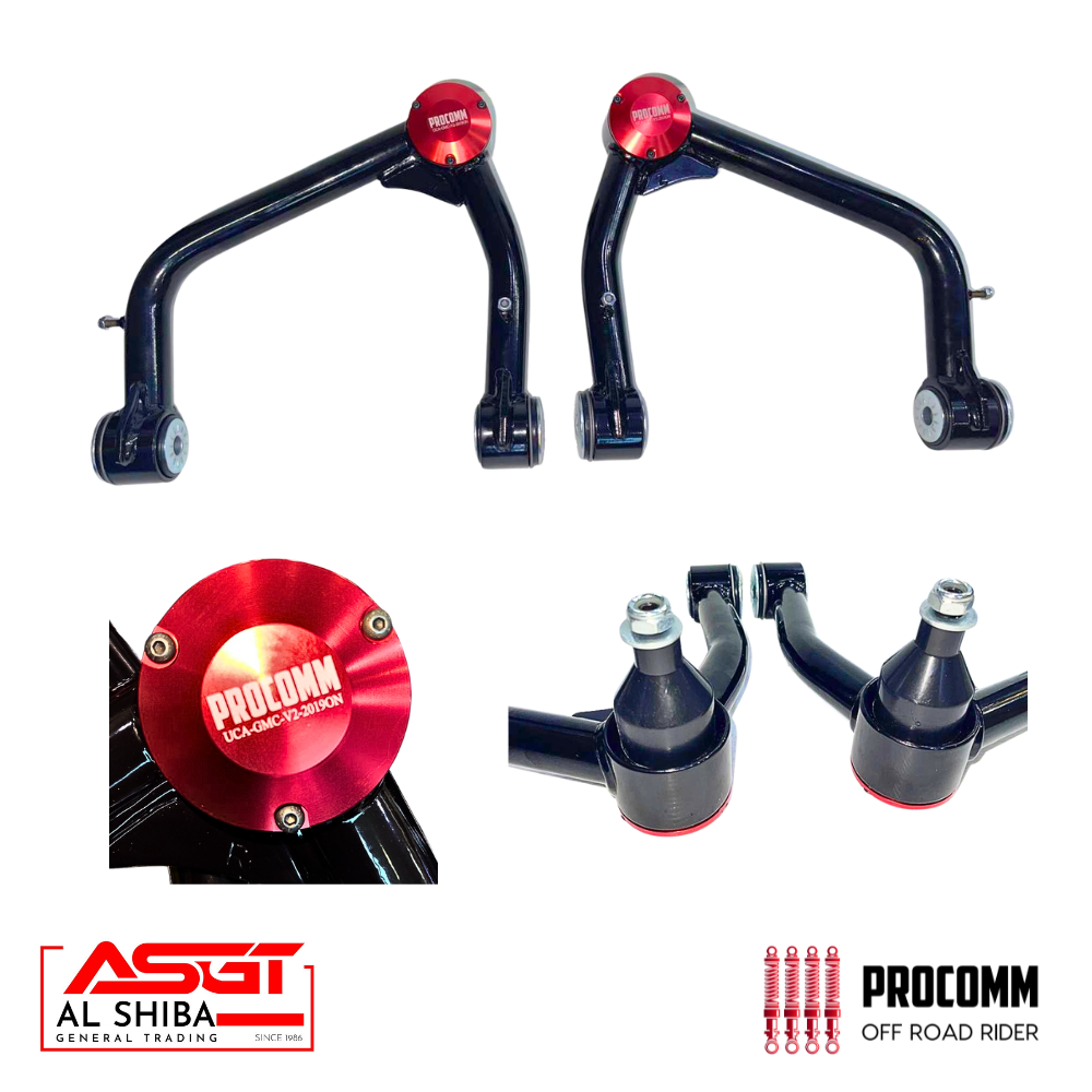 Set of black suspension control arms and ball joints with red Procomm caps, shown with brand logos at bottom corners.