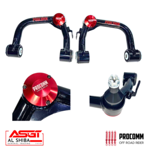 Pair of Procomm off-road suspension arms with red anodized caps and mounting hardware, shown with AL SHIBA and PROCOMM logos.
