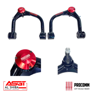 Set of black PROCOMM off-road suspension control arms with red anodized caps; includes close-ups of joint and mounting hub, with AL SHIBA and PROCOMM OFF ROAD RIDER logos.