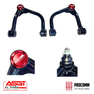 Two black ProComm upper control arms with red caps, plus a separate ball joint and wheel-end pieces; AL SHIBA and ProComm Off Road Rider logos visible.